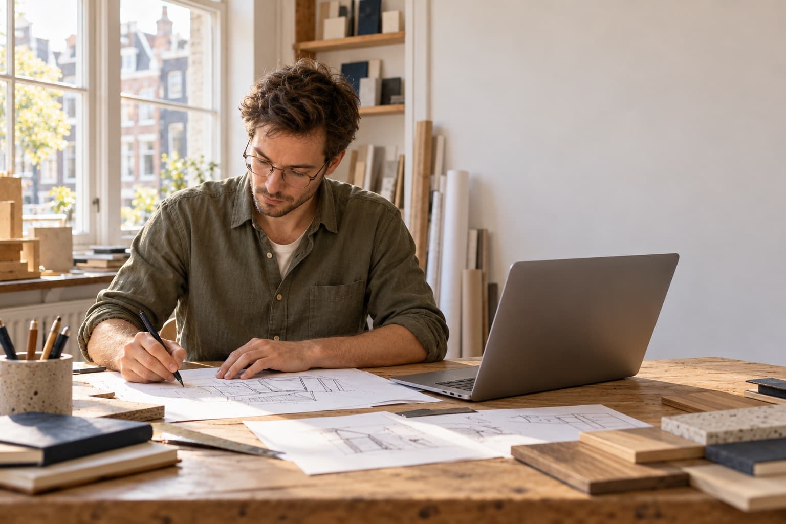 Een ontwerper tekent aan een bureau met een laptop, bij een raam aan de gracht.