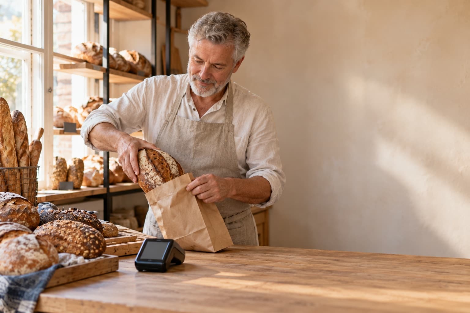 Een bakker doet een brood in een papieren zak, naast een pinautomaat.
