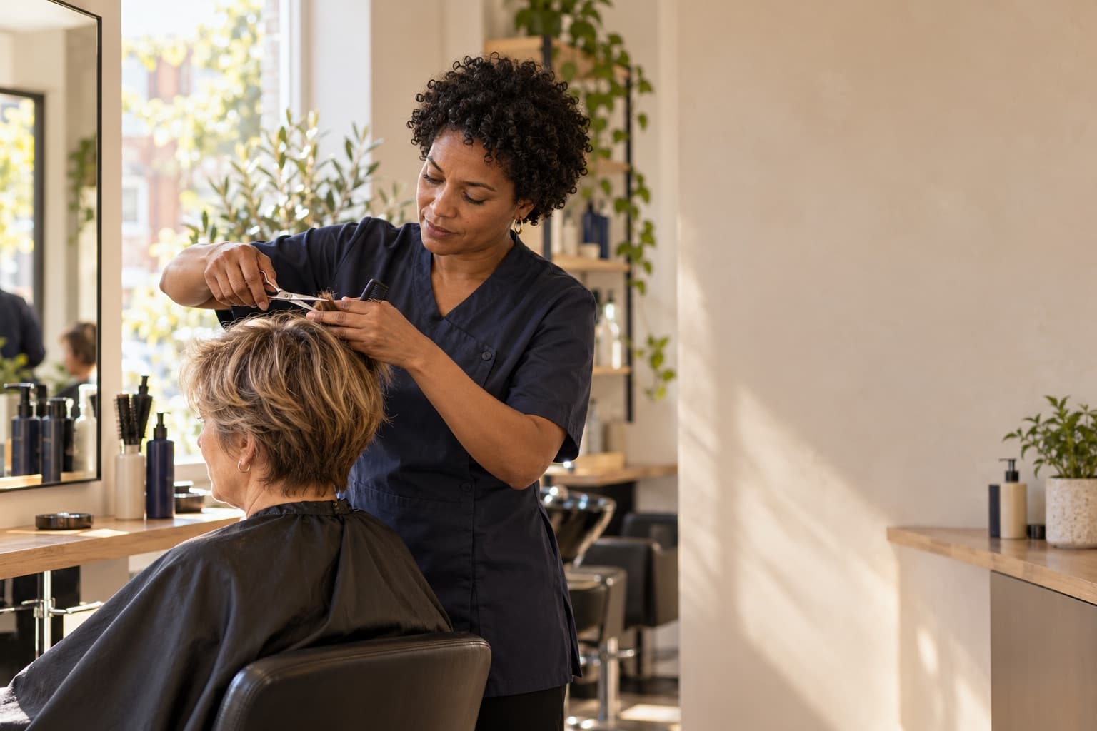 Een kapper knipt een klant in een lichte salon.