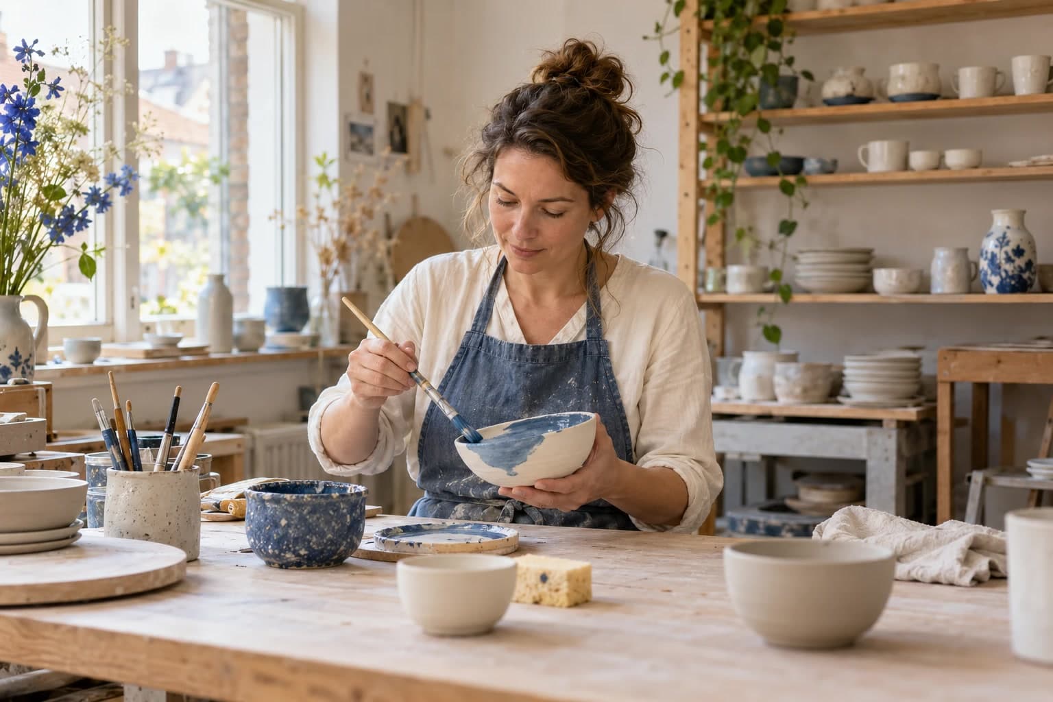 Een keramist beschildert in een zonnig atelier een kom met blauw glazuur.