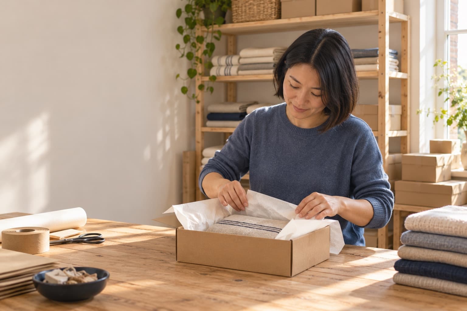 Een webshophouder pakt een bestelling in een doos.